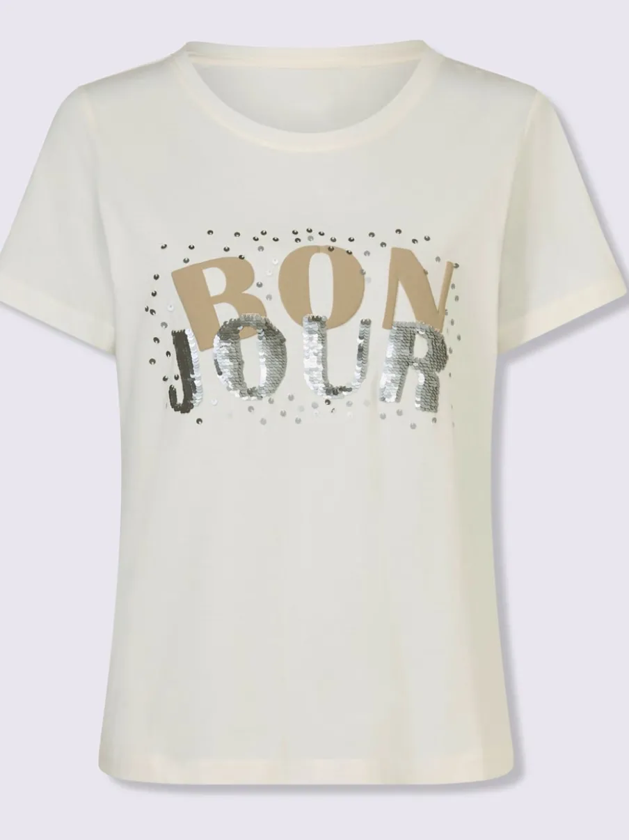 T-shirt pur coton avec inscription et paillettes décoratives