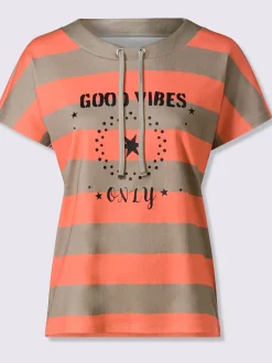 T-shirt pur coton à col rond avec mancherons et rayures brillantes