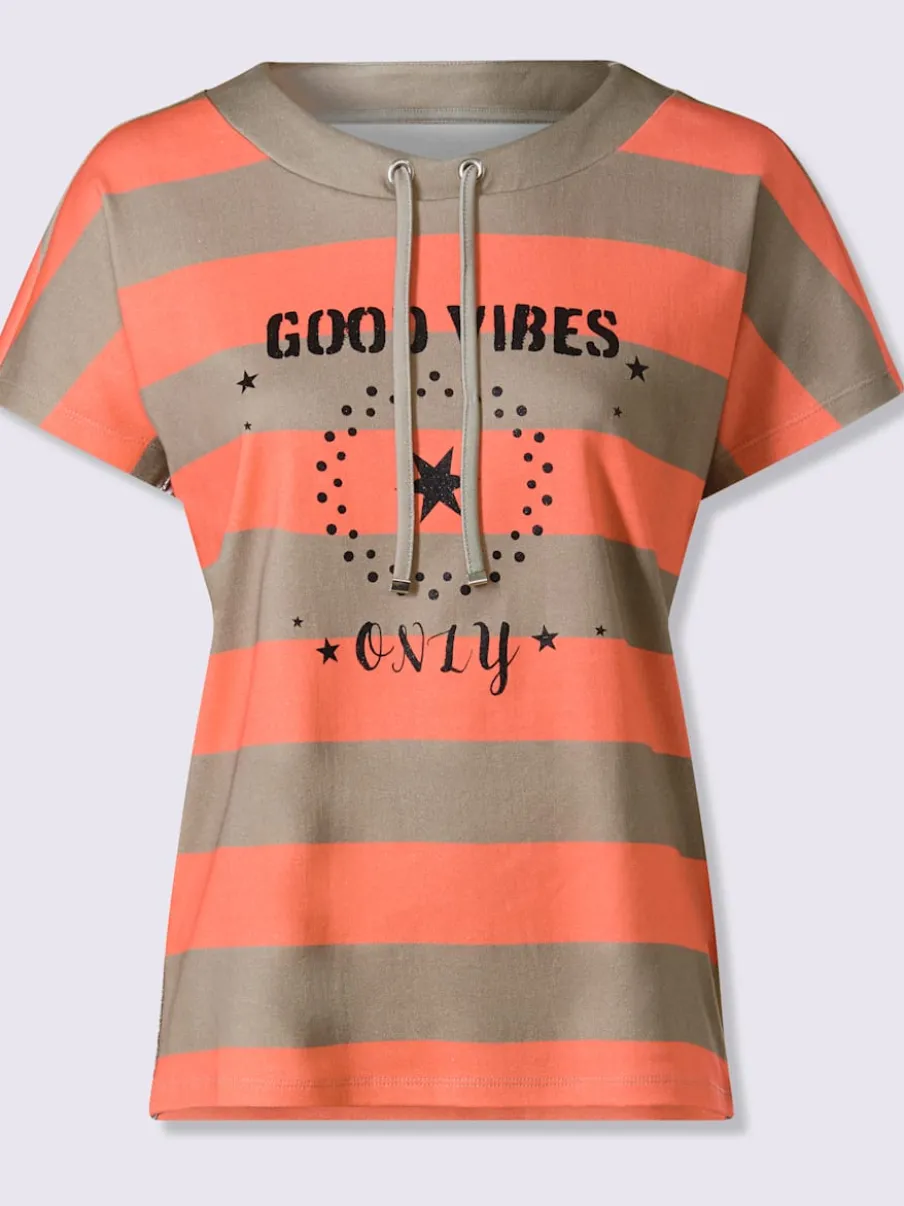 T-shirt pur coton à col rond avec mancherons et rayures brillantes