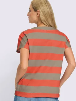 T-shirt pur coton à col rond avec mancherons et rayures brillantes