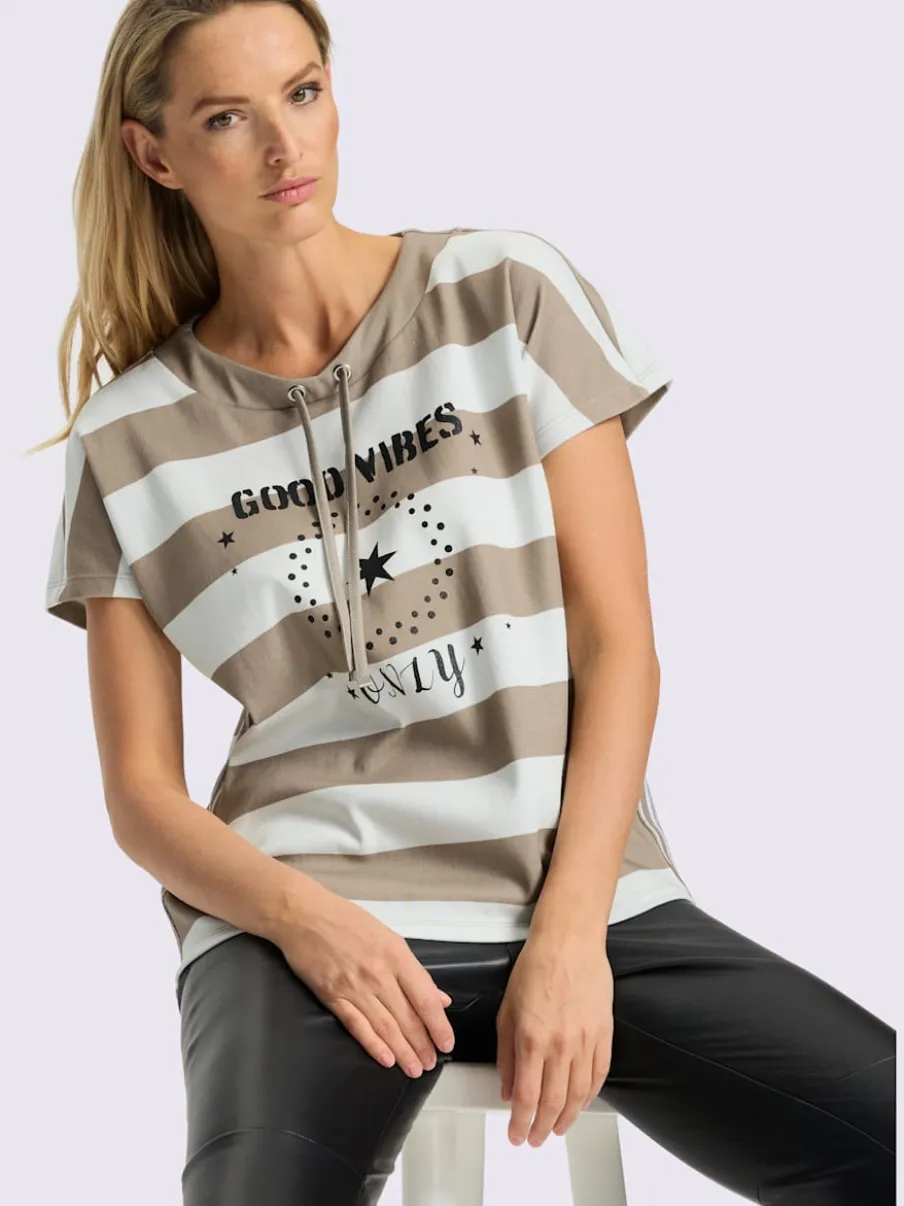 T-shirt pur coton à col rond avec mancherons et rayures brillantes