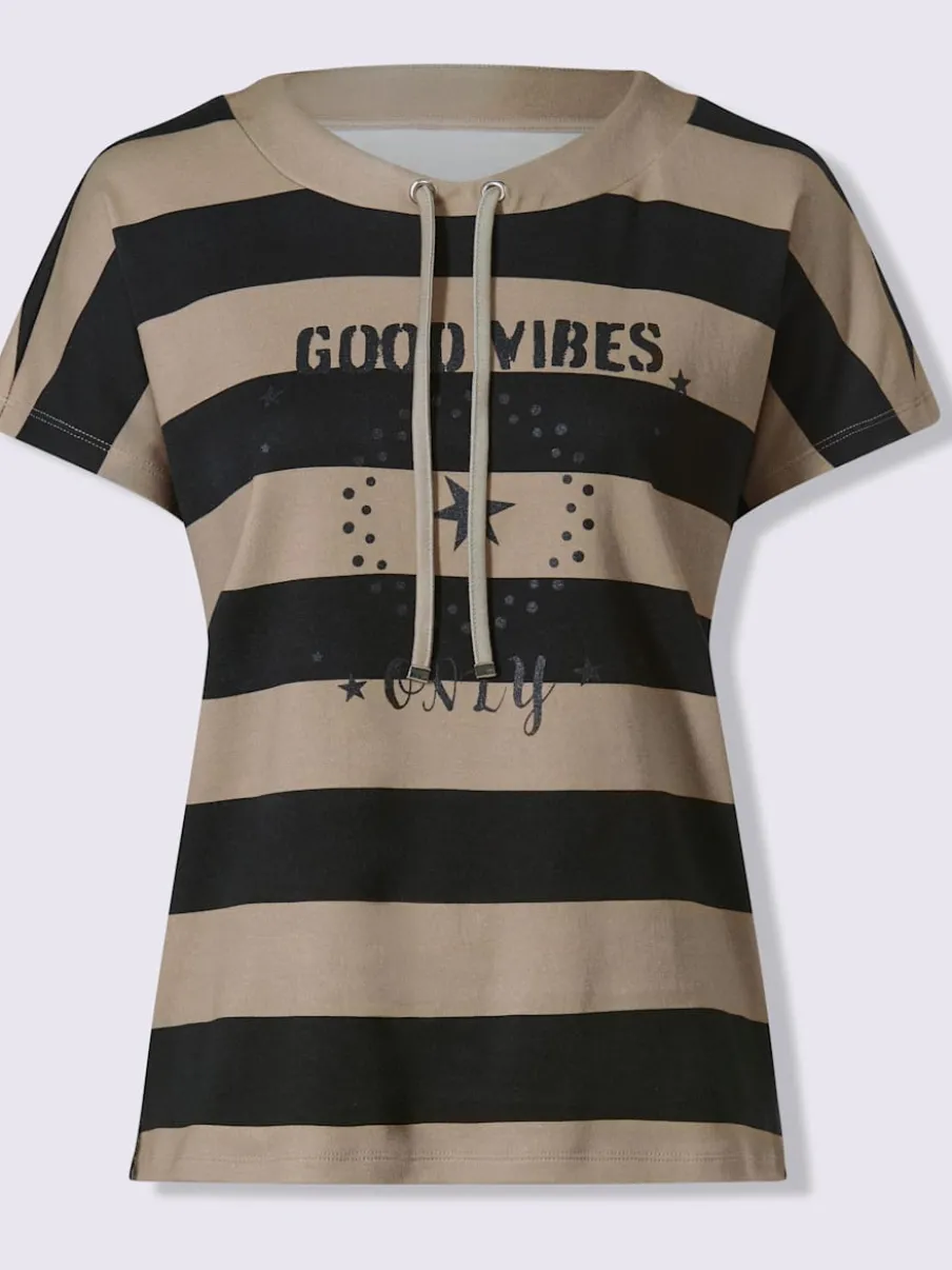 T-shirt pur coton à col rond avec mancherons et rayures brillantes