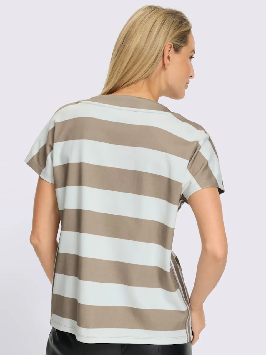 T-shirt pur coton à col rond avec mancherons et rayures brillantes
