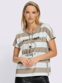 T-shirt pur coton à col rond avec mancherons et rayures brillantes