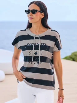 T-shirt pur coton à col rond avec mancherons et rayures brillantes