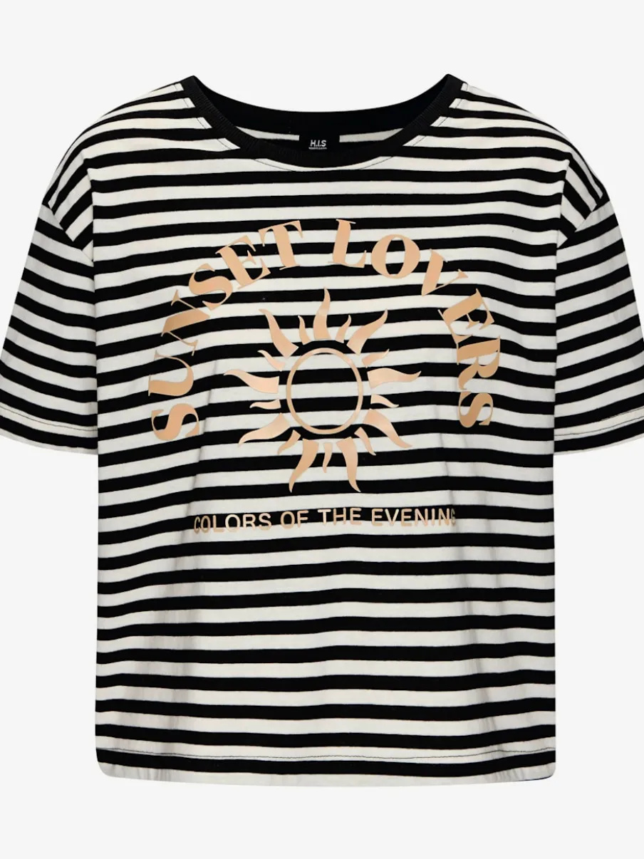T-shirt rayé avec col rond et grand imprimé devant