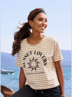 T-shirt rayé avec col rond et grand imprimé devant