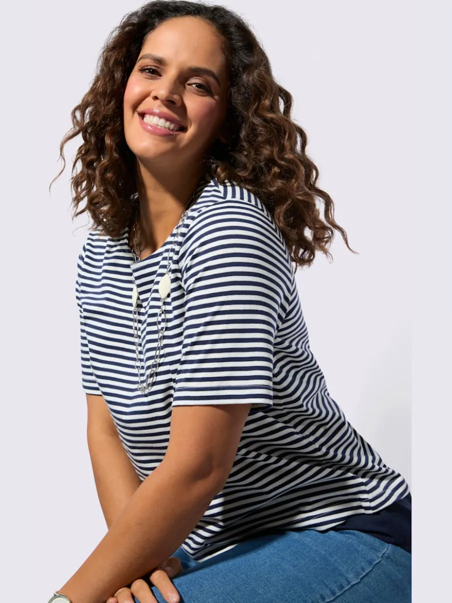 T-shirt rayé avec encolure ronde et ourlet tissé
