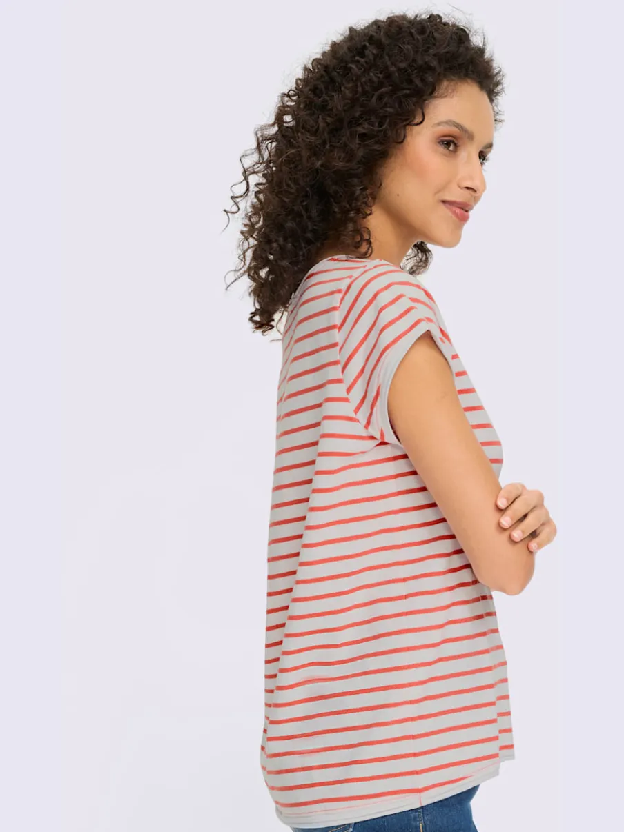 T-shirt rayé à col rond et manches courtes en coton