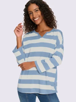 T-shirt rayé à empiècements avec col arrondi manches trois-quarts