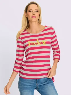 T-shirt à rayures avec inscription col rond manches trois quarts