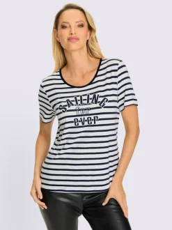 T-shirt à rayures marinières avec inscription brillante et manches courtes