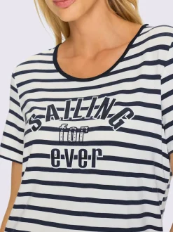 T-shirt à rayures marinières avec inscription brillante et manches courtes