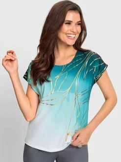 T-shirts avec imprimé feuilles dorées encolure ronde mancherons
