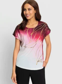 T-shirts avec imprimé feuilles dorées encolure ronde mancherons