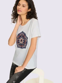 T-shirts avec motif floral brodé encolure ronde manches courtes