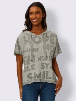 T-shirts à capuche mancherons avec inscriptions et dos long