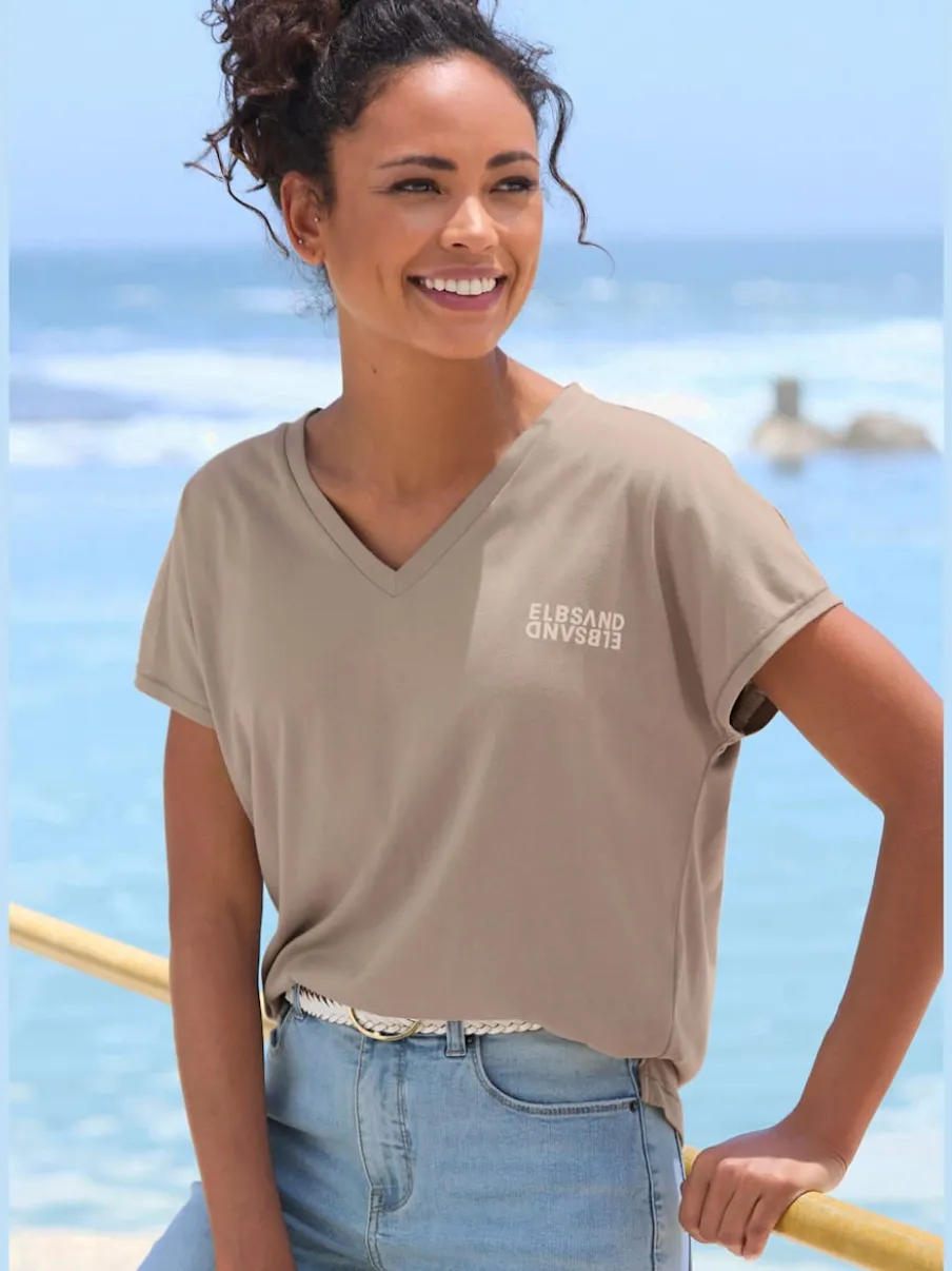 T-shirts à col en v avec logo sur poitrine