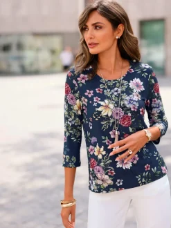 T-shirts à col rond extensibles avec motifs floraux élégants