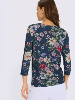 T-shirts à col rond extensibles avec motifs floraux élégants