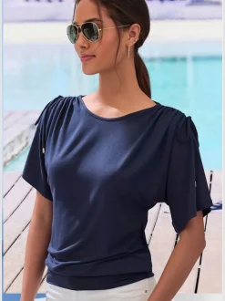 T-shirts à col rond froncé avec manches réglables