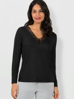 T-shirts en coton avec col V et empiècement dentelle