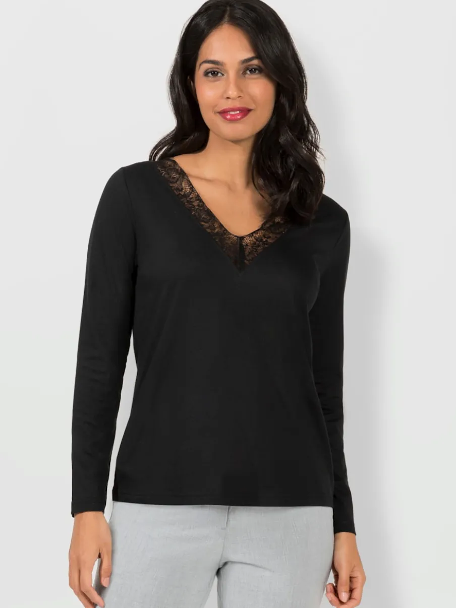 T-shirts en coton avec col V et empiècement dentelle