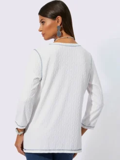 T-shirts jacquard col V à manches trois quarts
