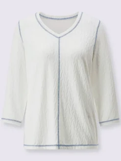 T-shirts jacquard col V à manches trois quarts