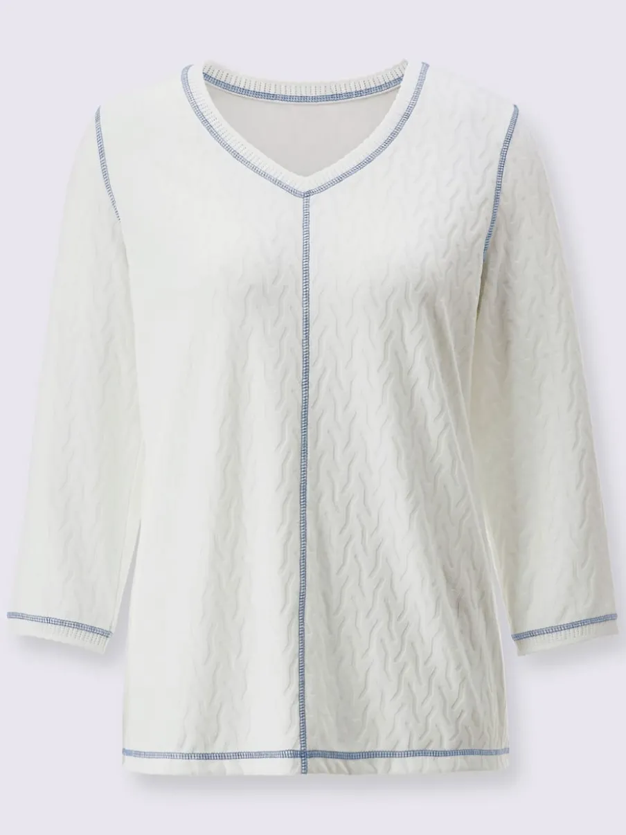 T-shirts jacquard col V à manches trois quarts