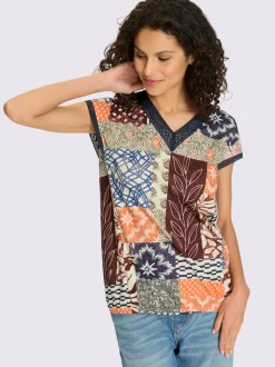 T-shirts à manches courtes en v coton patchwork doux