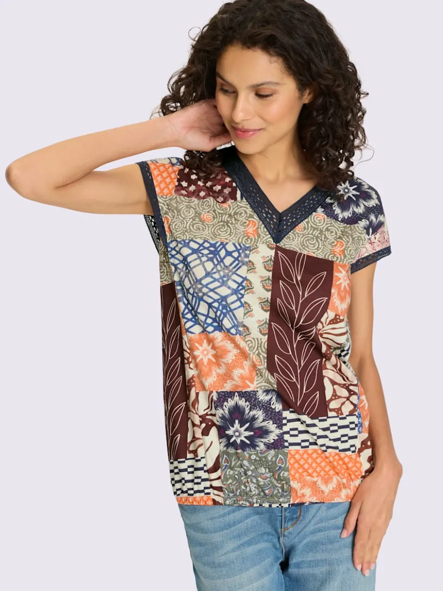T-shirts à manches courtes en v coton patchwork doux