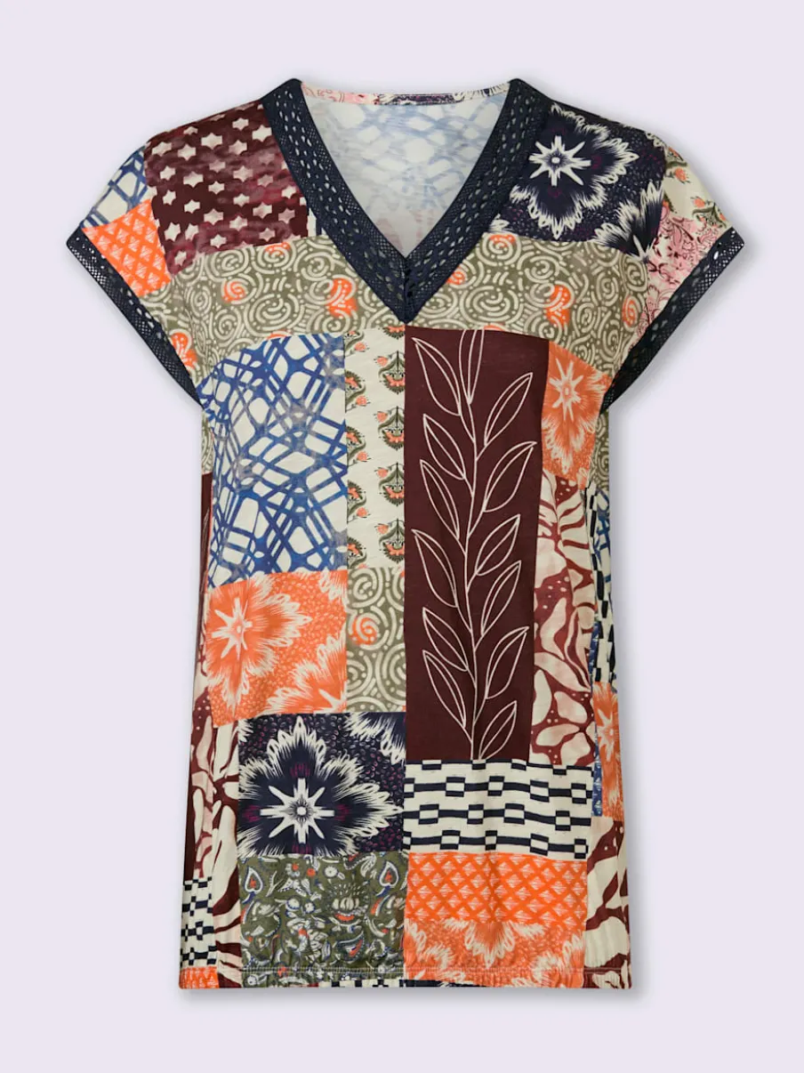 T-shirts à manches courtes en v coton patchwork doux