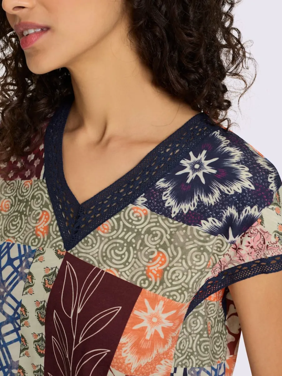 T-shirts à manches courtes en v coton patchwork doux
