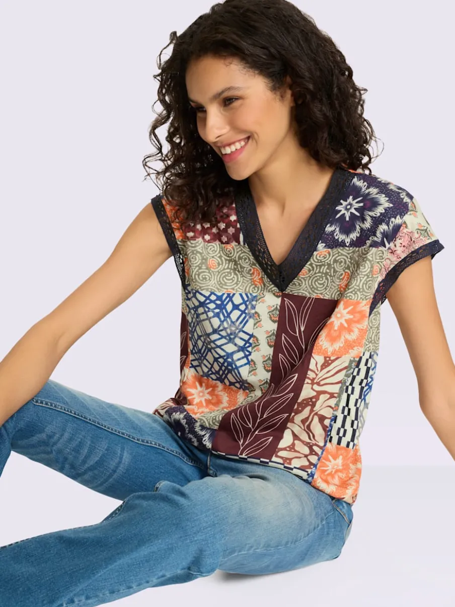 T-shirts à manches courtes en v coton patchwork doux