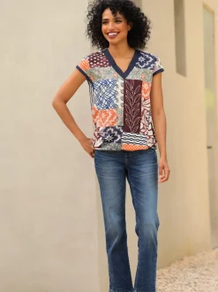 T-shirts à manches courtes en v coton patchwork doux
