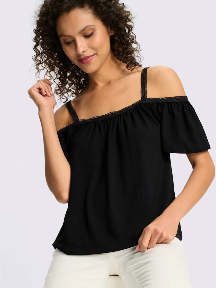T-shirt évasé à encolure Carmen avec bretelles en dentelle
