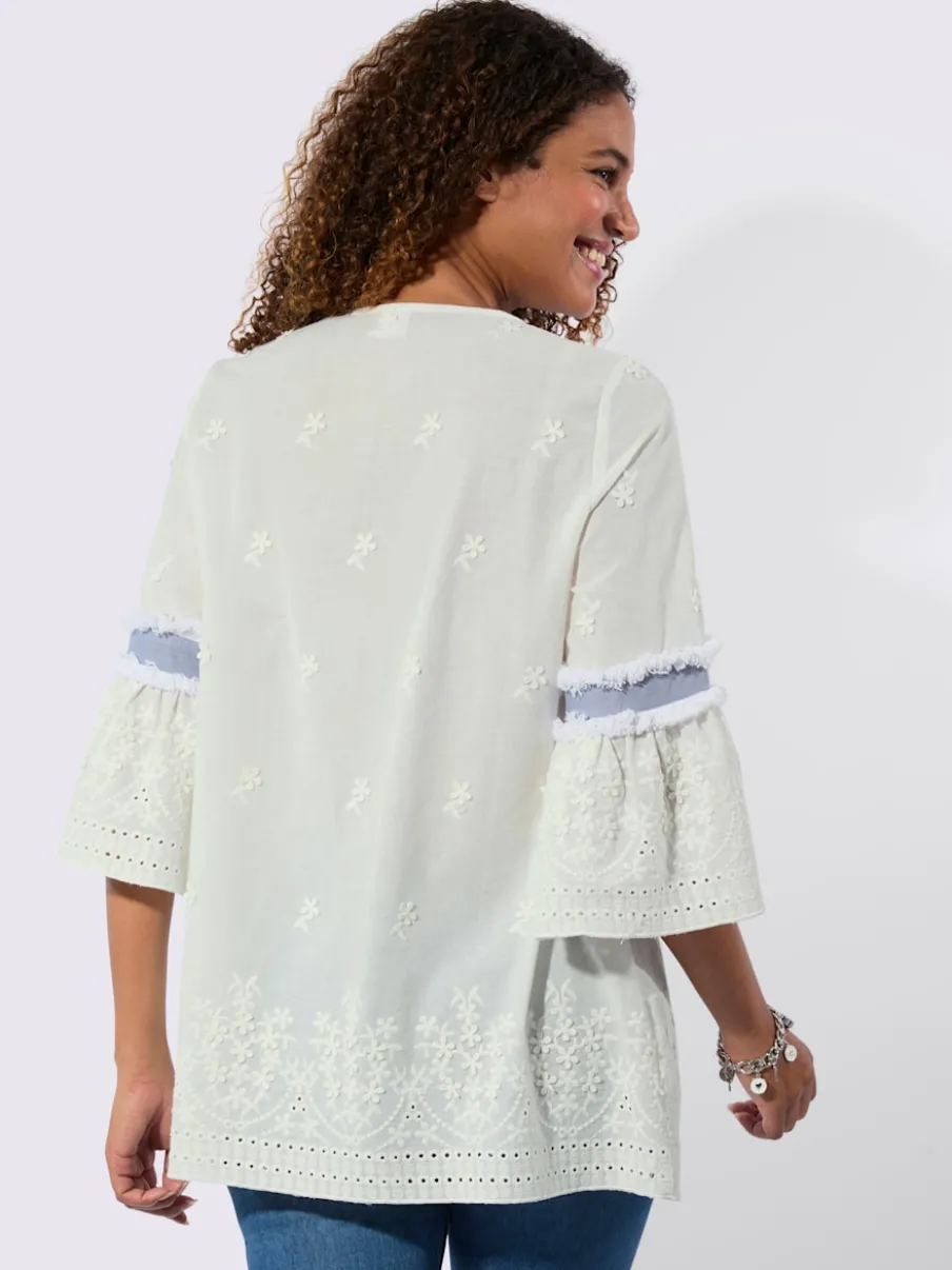 Tunique en coton avec empiècements fleuris et franges