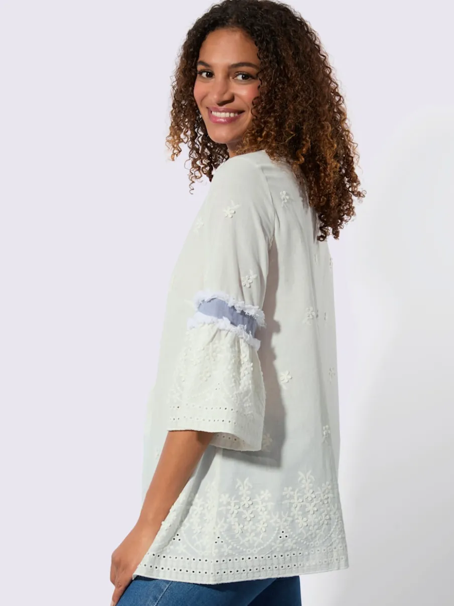 Tunique en coton avec empiècements fleuris et franges