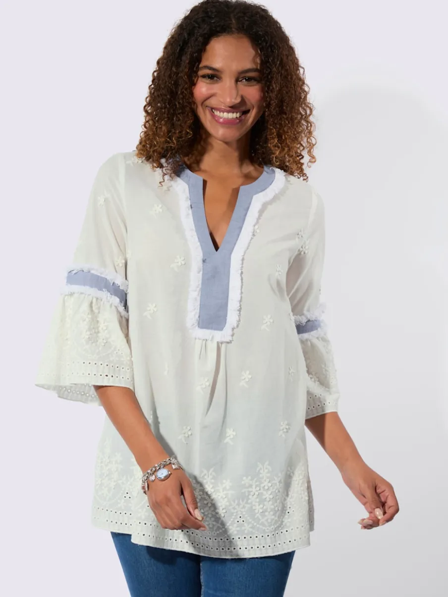 Tunique en coton avec empiècements fleuris et franges