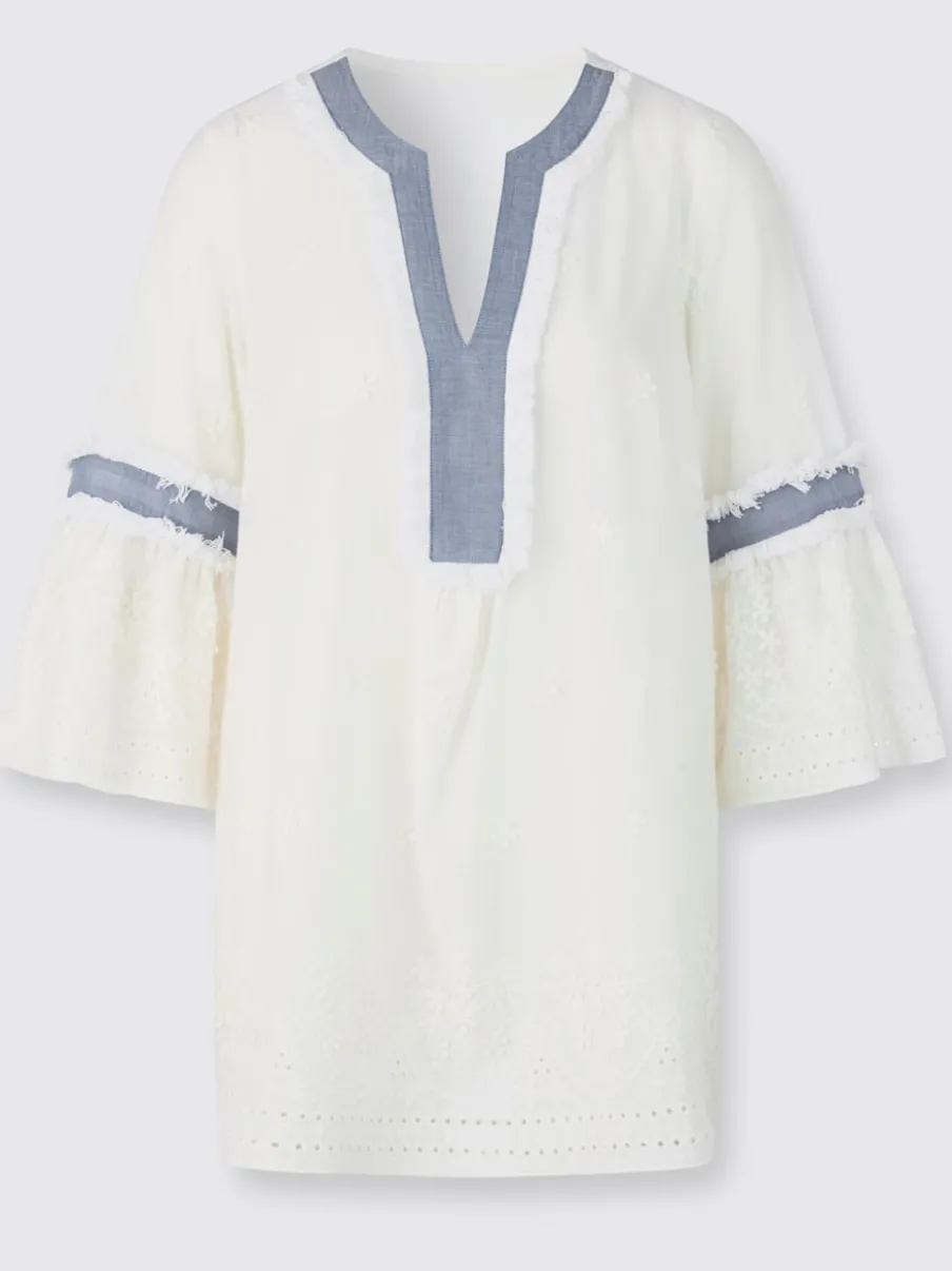 Tunique en coton avec empiècements fleuris et franges