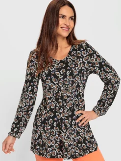 Tunique fluide à col V et manches longues avec motif floral