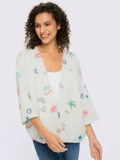 Veste chemisier avec broderie et manches 3/4 chauve-souris