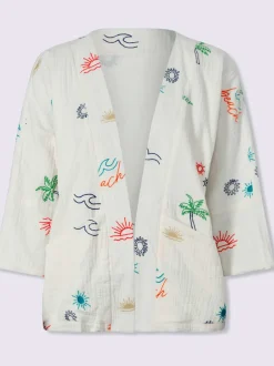 Veste chemisier avec broderie et manches 3/4 chauve-souris