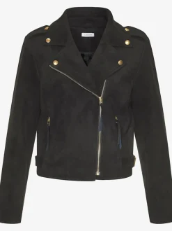 Veste de motard en synthétique velours avec boutons dorés et poches zippées