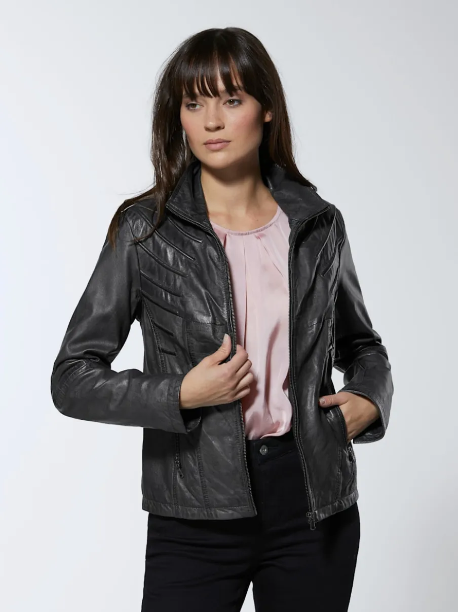 Veste en cuir agneau nappa avec col montant et matelassage