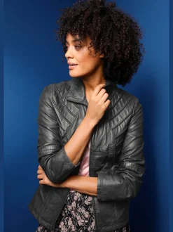 Veste en cuir agneau nappa avec col montant et matelassage