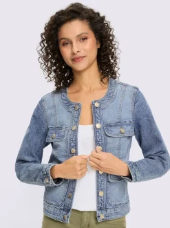 Veste en jean à boutons dorés et manches longues avec patte de boutonnage
