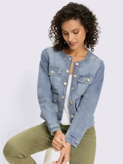 Veste en jean à boutons dorés et manches longues avec patte de boutonnage