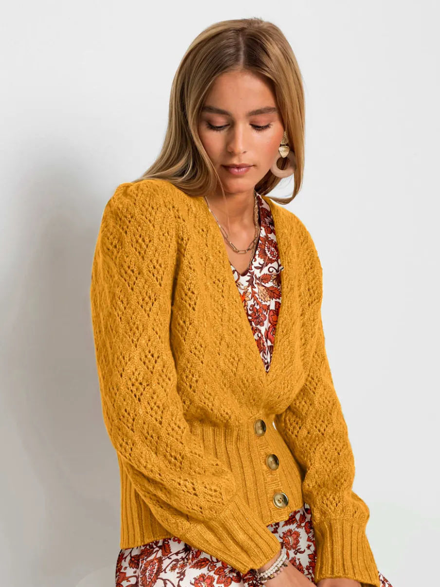 Veste en tricot ajouré avec col V et manches longues